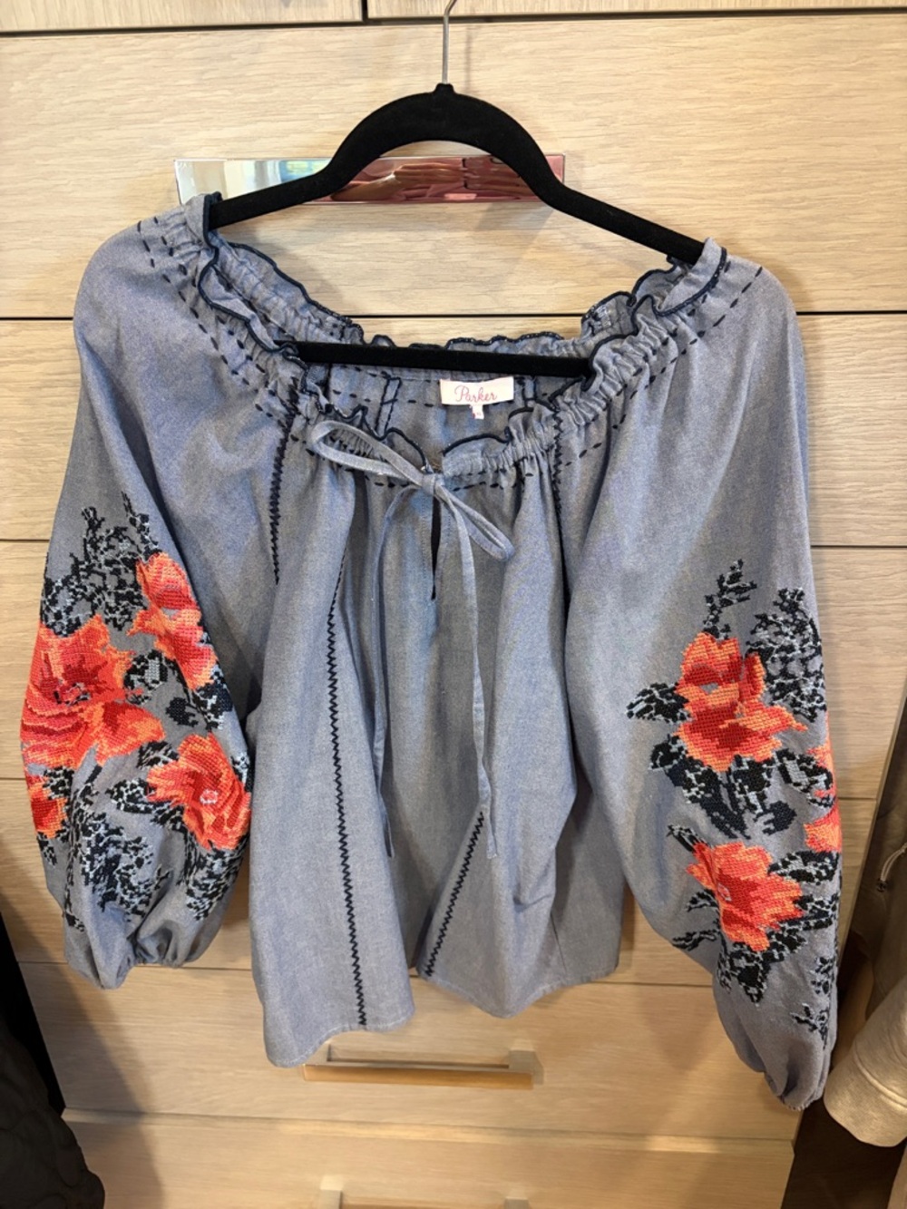 Parker Blouse with Embroidered Floral Sleeves